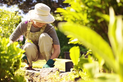 Professional landscaping in Manorpark with layered plants and outdoor structure